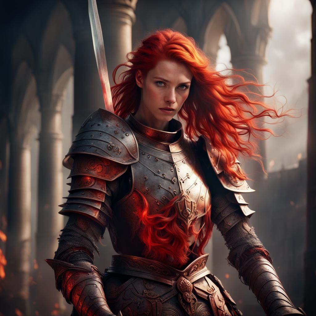 Fiery Red-Haired Knight with Sword