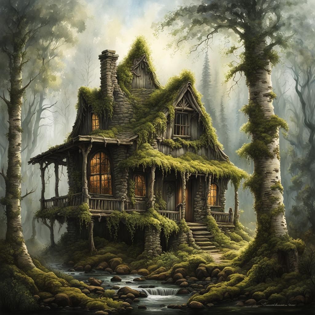 Enchanted Cabin Ruin in Misty Forest, Digital Painting