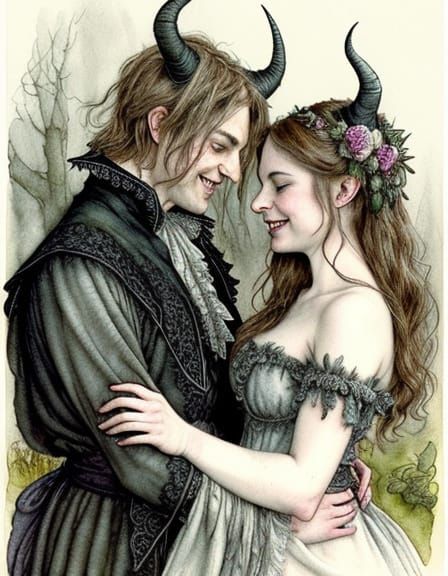 Gothic Watercolor Portrait of a Smiling Tiefling Couple
