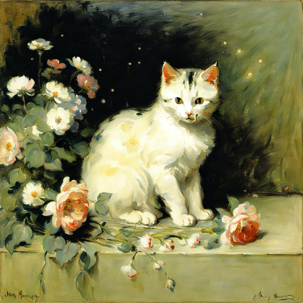 Impressionist Cat in Floral Oasis