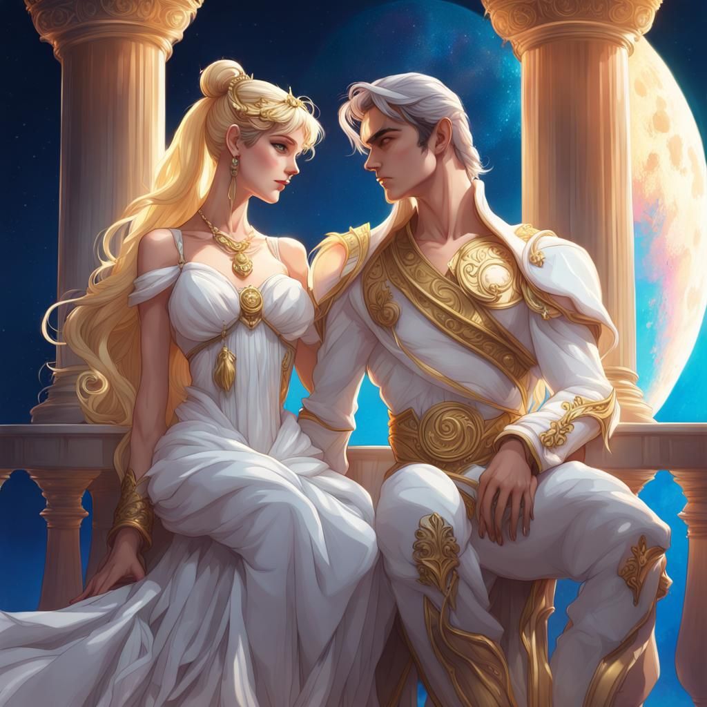 Princess Serenity and Endymion on the palace's balcony
