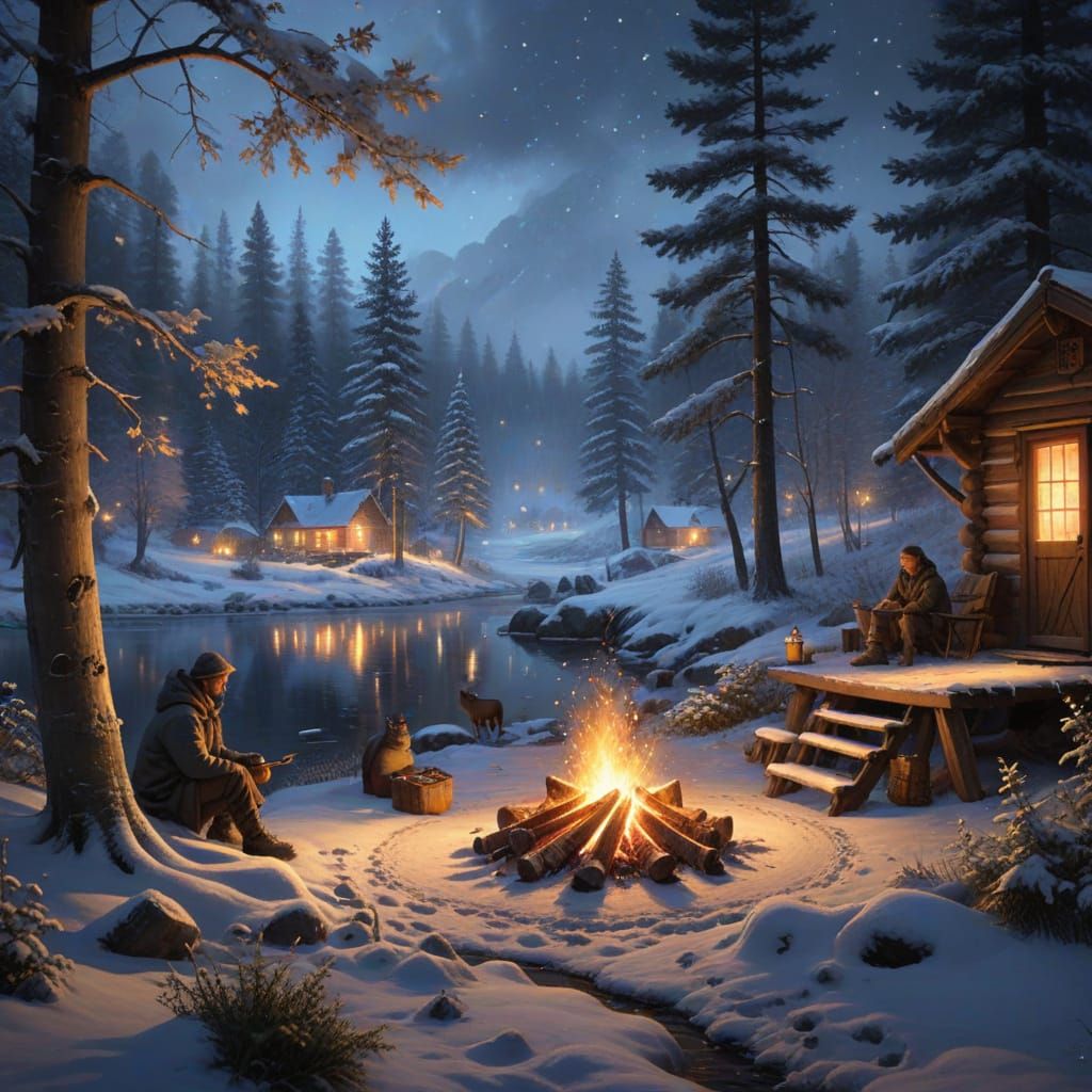 Serene Winter Scene with Gentle Snowfall and Campfire