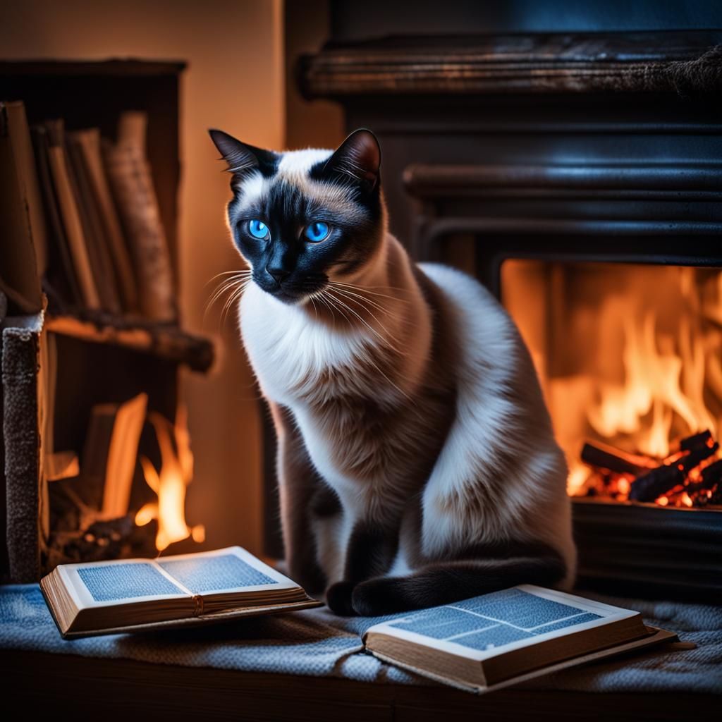 Siamese Cat Reading by Fireplace: Hyper-Realistic Portrait