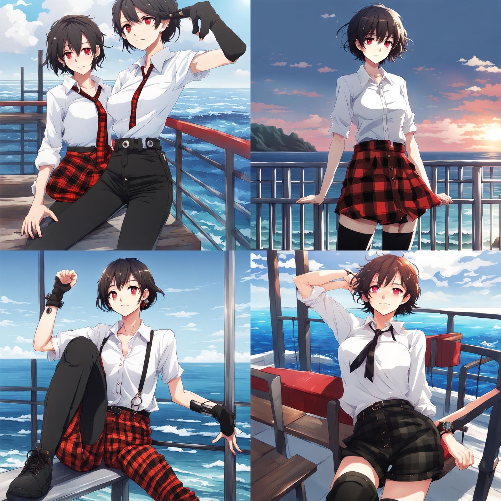 Anime Girl in Red Plaid by the Ocean