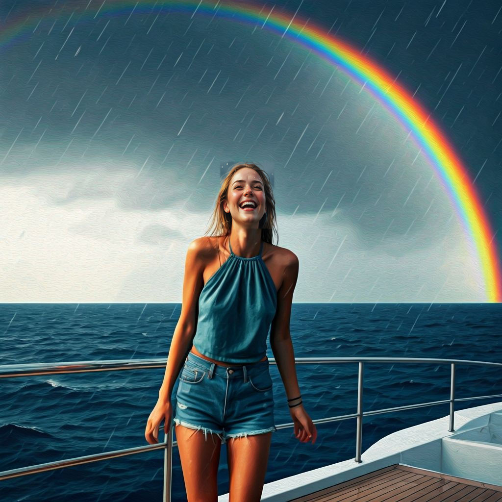 Woman Laughing in Summer Rain: Watercolor Painting