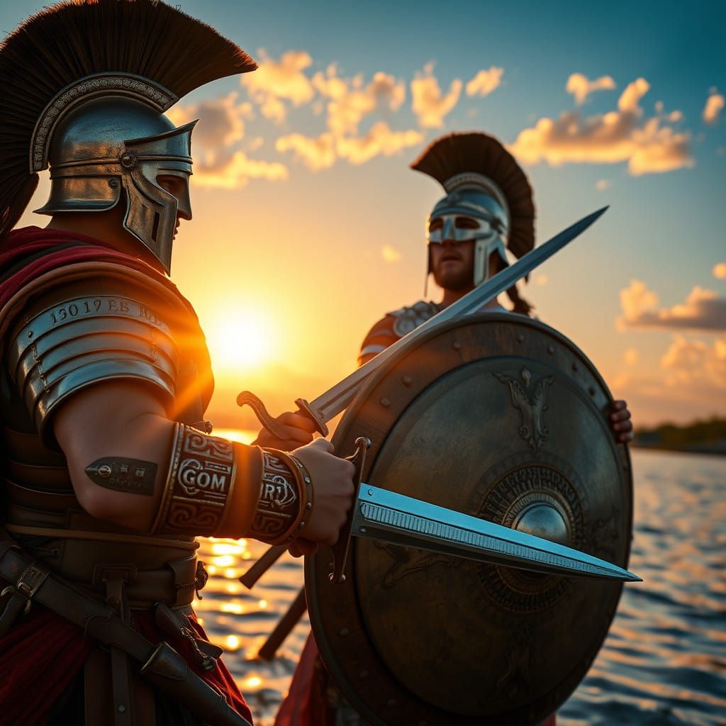 Ancient Roman Warriors Clash in Dawn's Golden Light