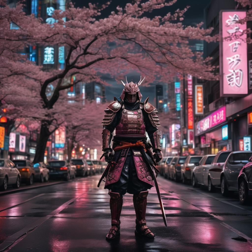 Samurai Warrior in Cyberpunk Tokyo Cityscape