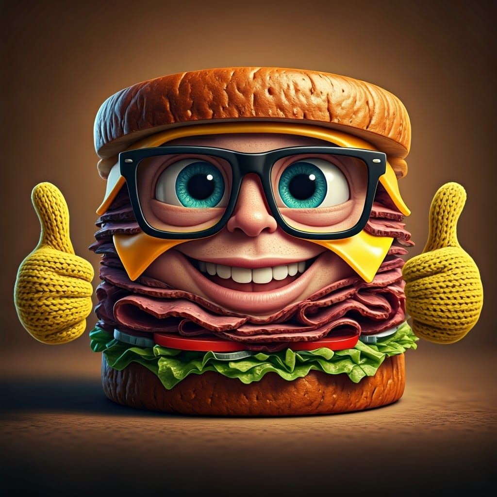 Savory Sandwich Hero in Black-Rimmed Glasses Gives Thumbs Up