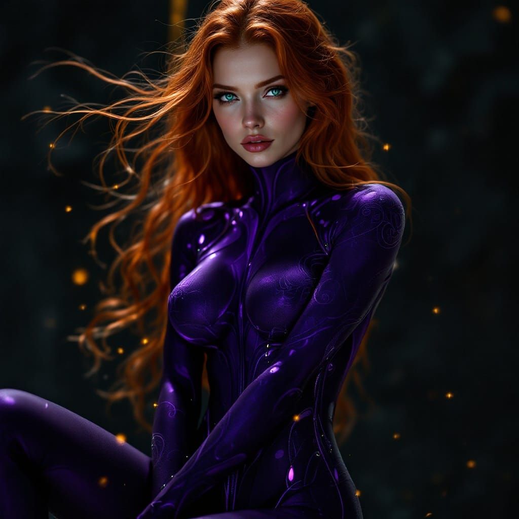 Ginger-Haired Fantasy Warrior in Dark Sci-Fi Bodysuit