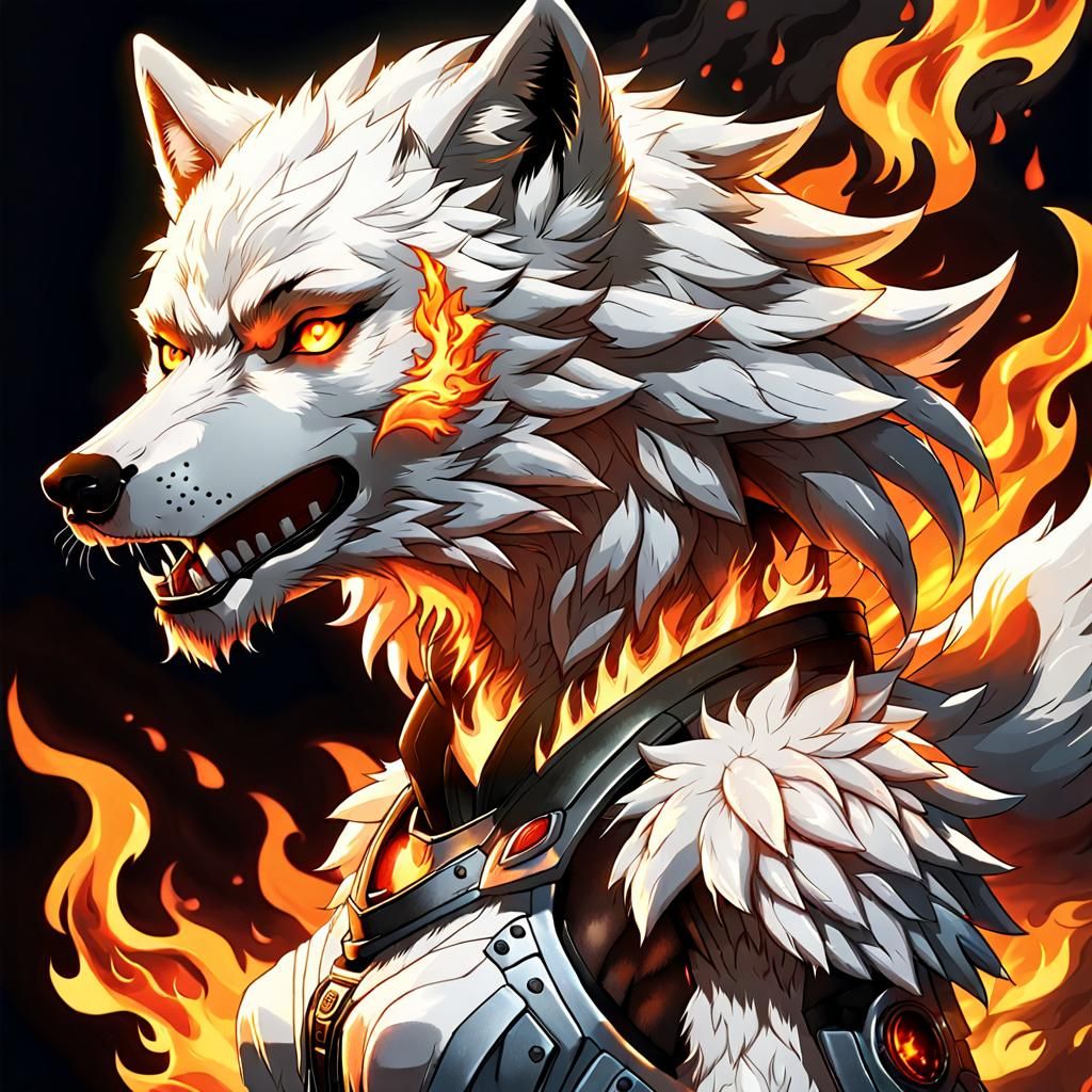 Flaming White Wolf Anthro in Anime Style