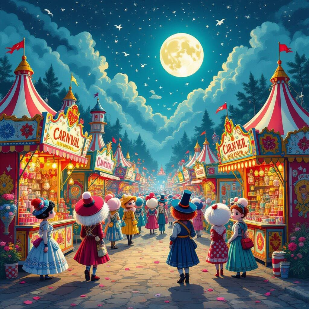 Vibrant Carnival Scene in Dark Whimsical Style