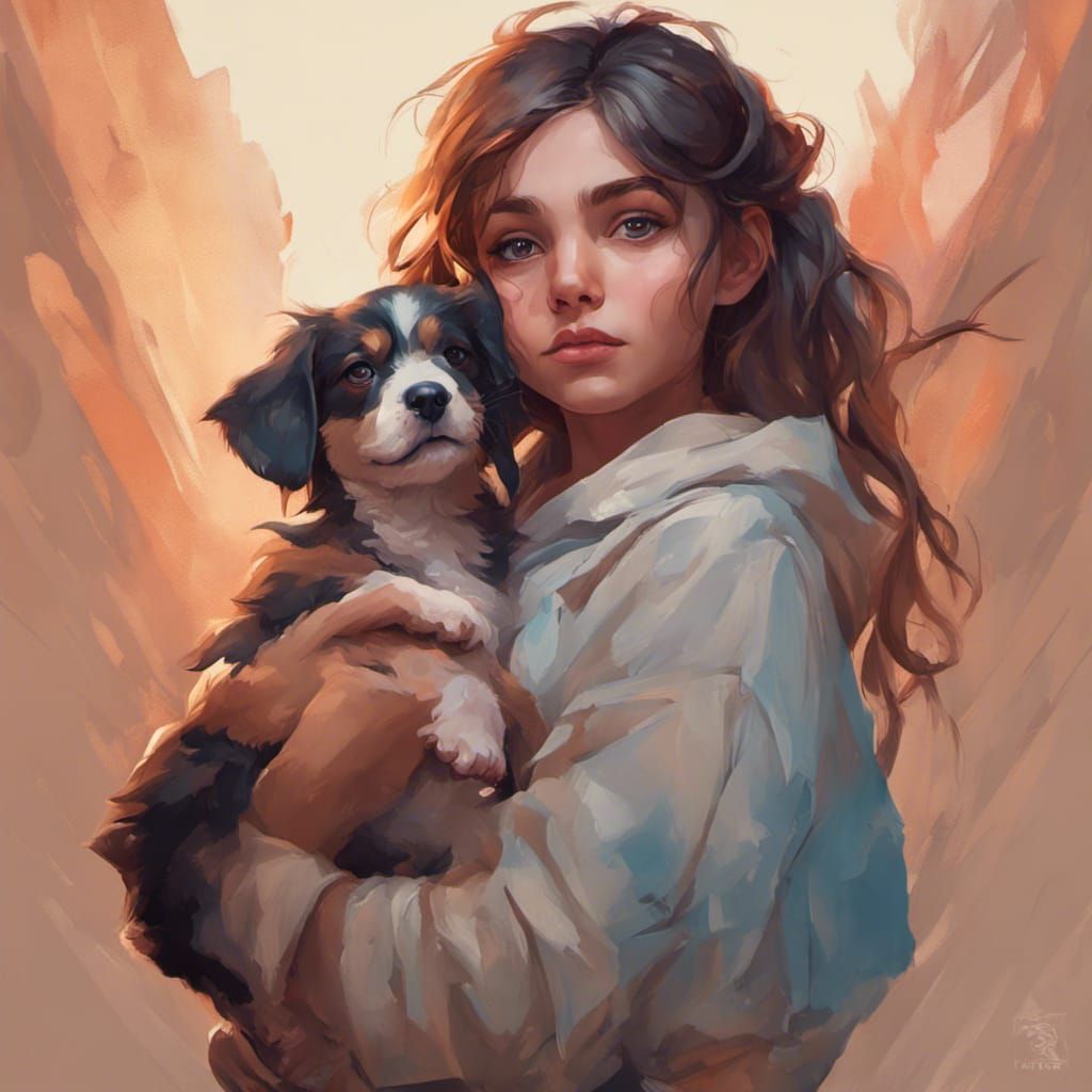 Romantic Portrait of Girl with Puppy in Hyperdetailed Style