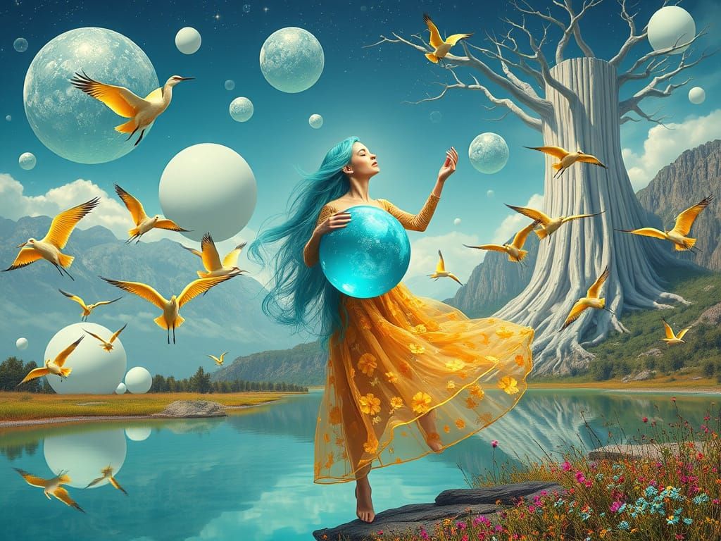 Ethereal Woman Dancing in Surreal Landscape as Digital Art
