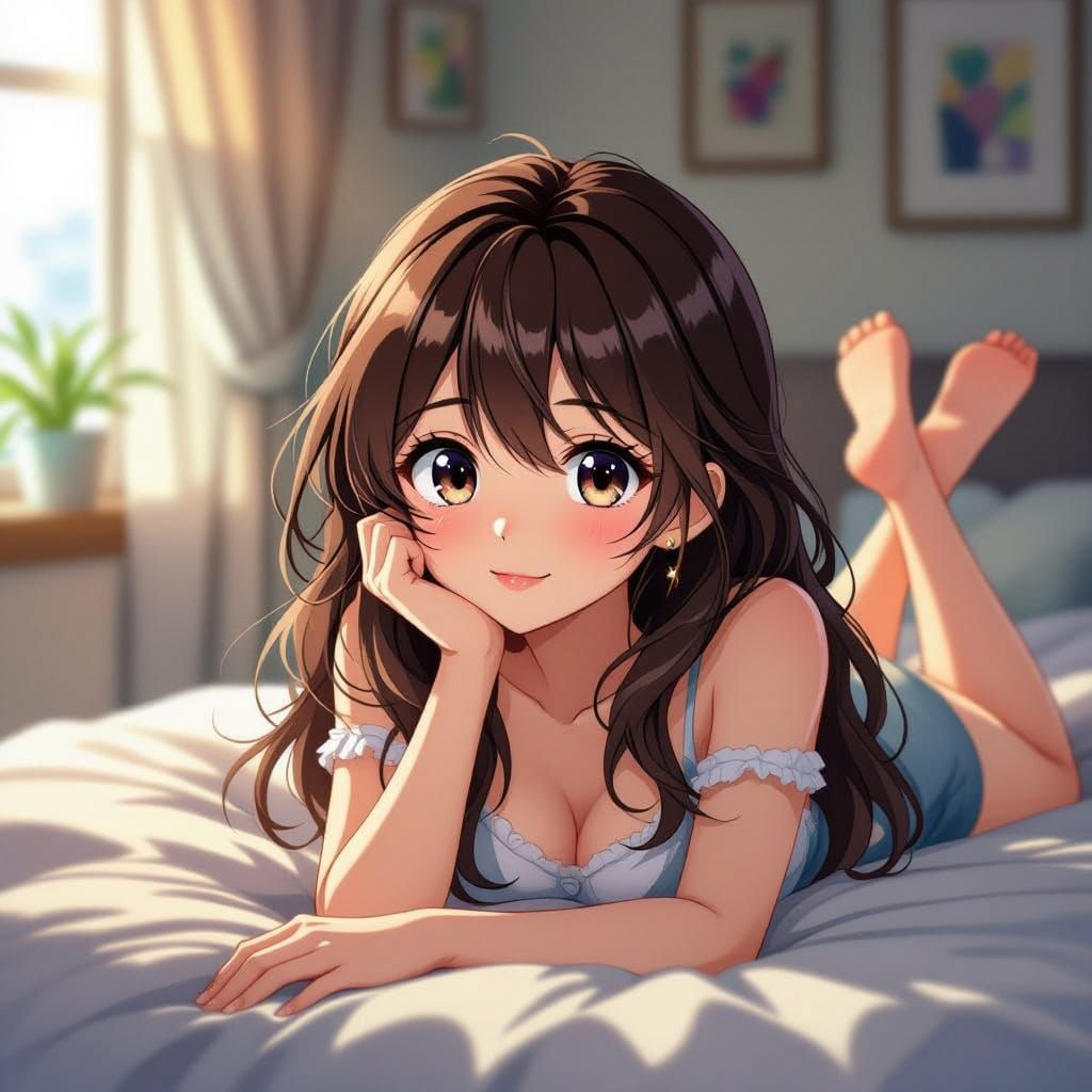Brunette Girl Relaxing on Bed in Manga Scan Style