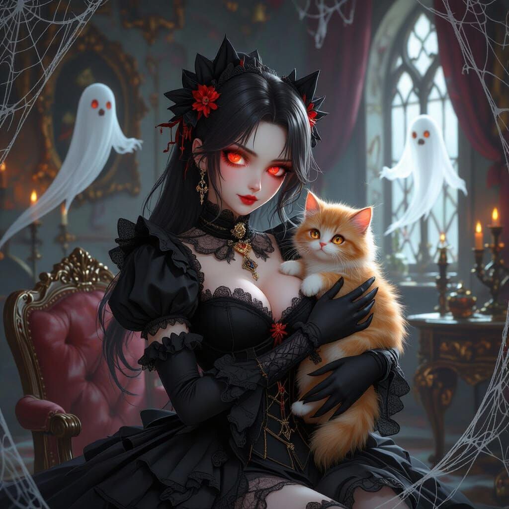 Goth Vampire Woman Holds Kittens in Haunted Mansion