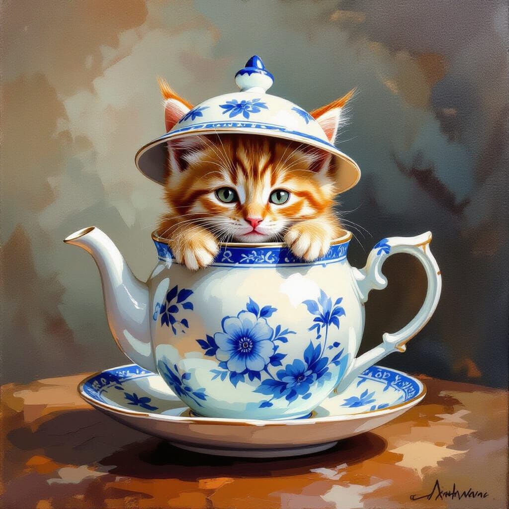 Ginger Kitten in Teapot, Gouache Watercolor Style