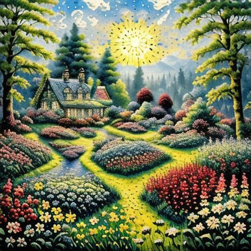 Polka Dot Art Painting of Fantasy Garden