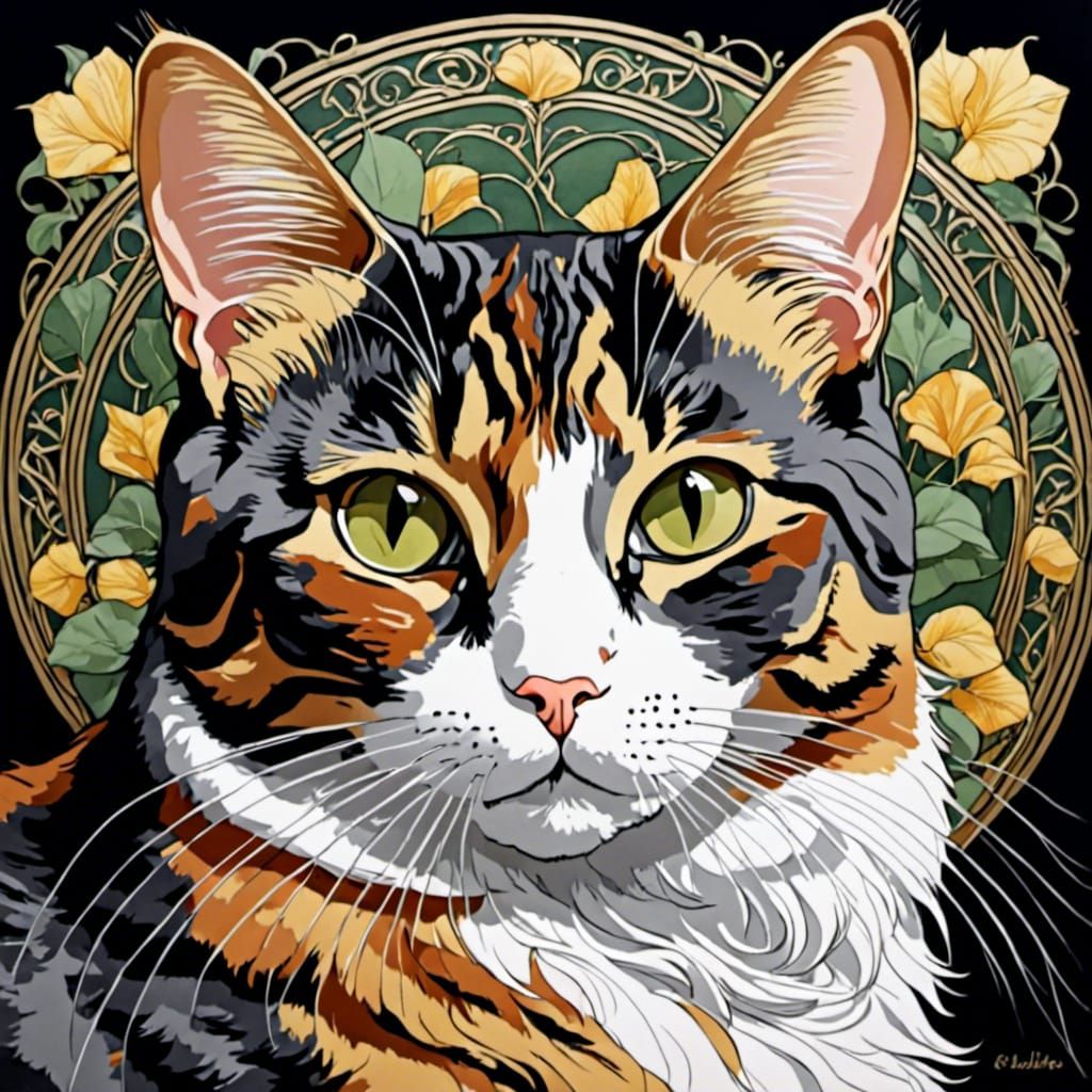 Art Nouveau Calico Cat with Pastel Colors