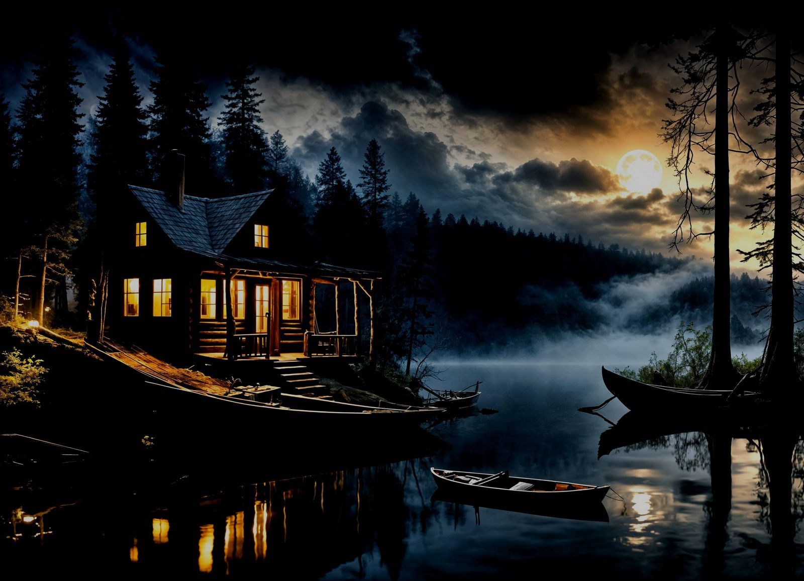 Mysterious Moonlit Cabin on Lake: Surrealist Dreamscape