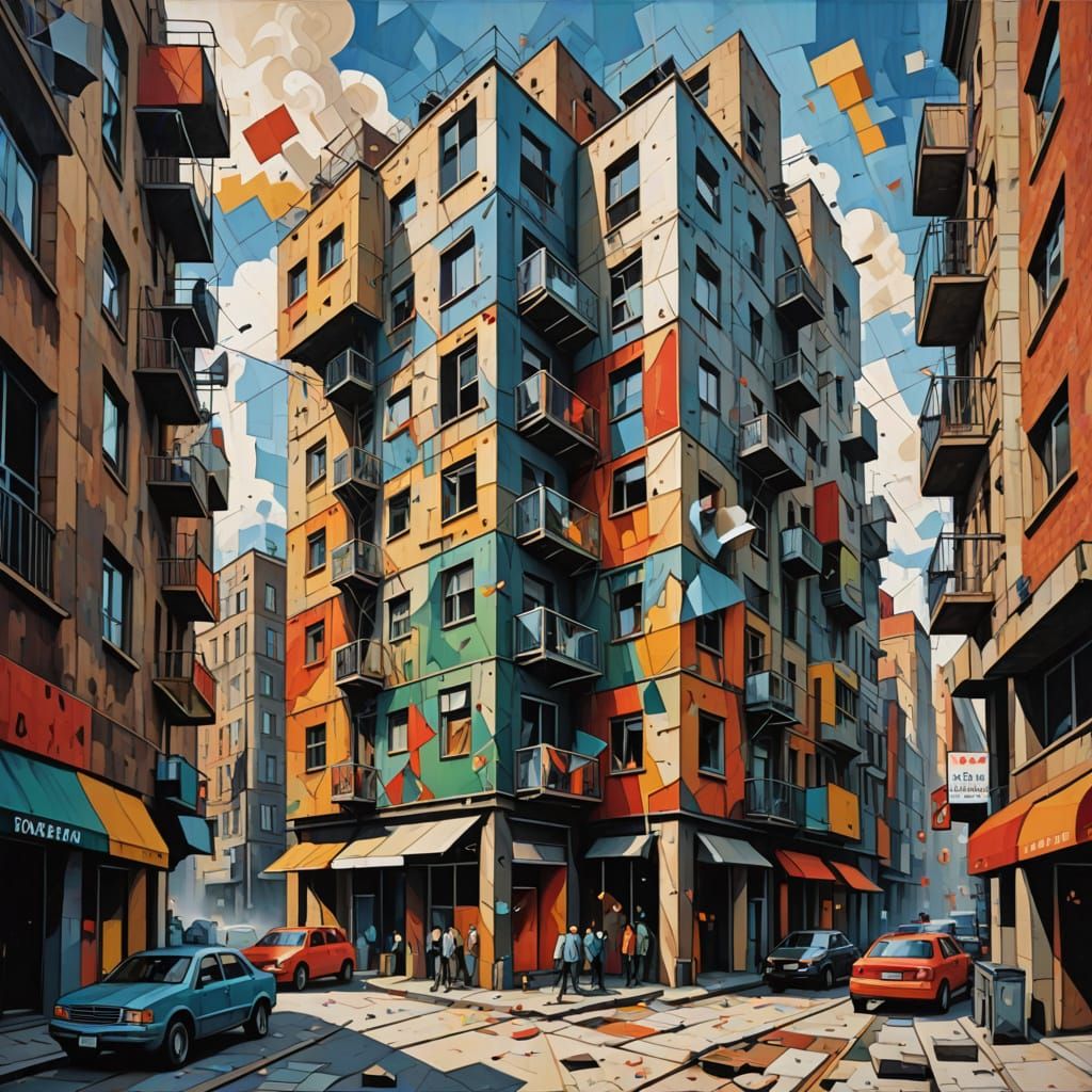 Cubist Urban Explosion Vivid Cityscape