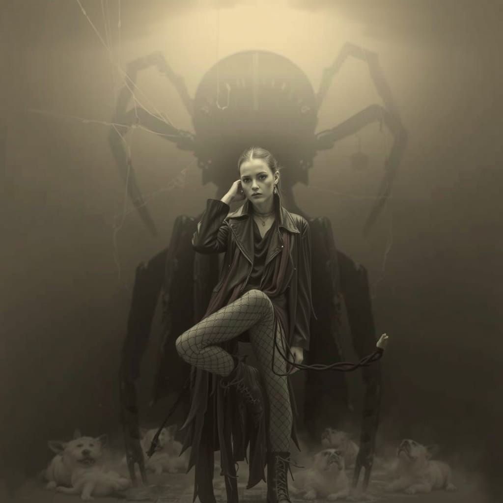 Goth Model in Foggy Coffee Shop with Spiders & Dogs