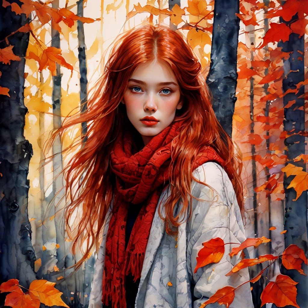 Ethereal Autumn Portrait of a Woman in Red