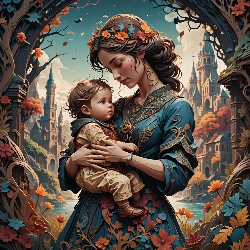 Mother and Child in Papercut Style