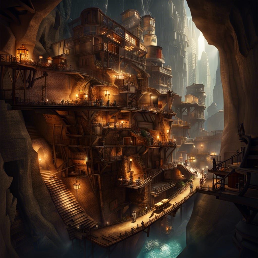 Steampunk City in Canyon Cave with Light