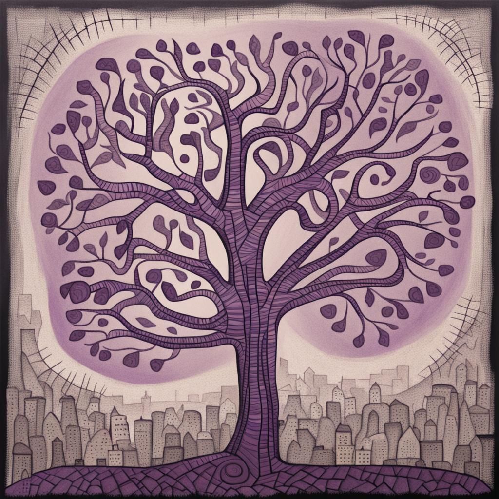 Ancient Purple Tree in Art Brut Style