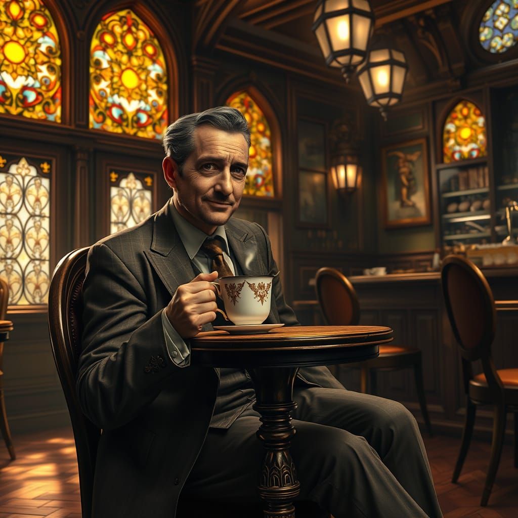 Elegant Gentleman in Mystical Coffee Shop