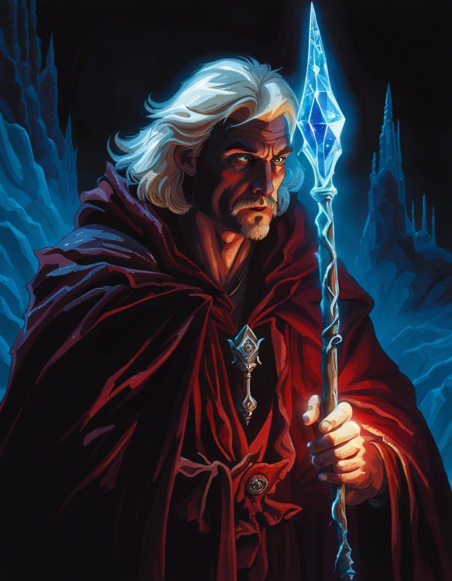 Wizard with Crystal Staff in Fantasy Art Style