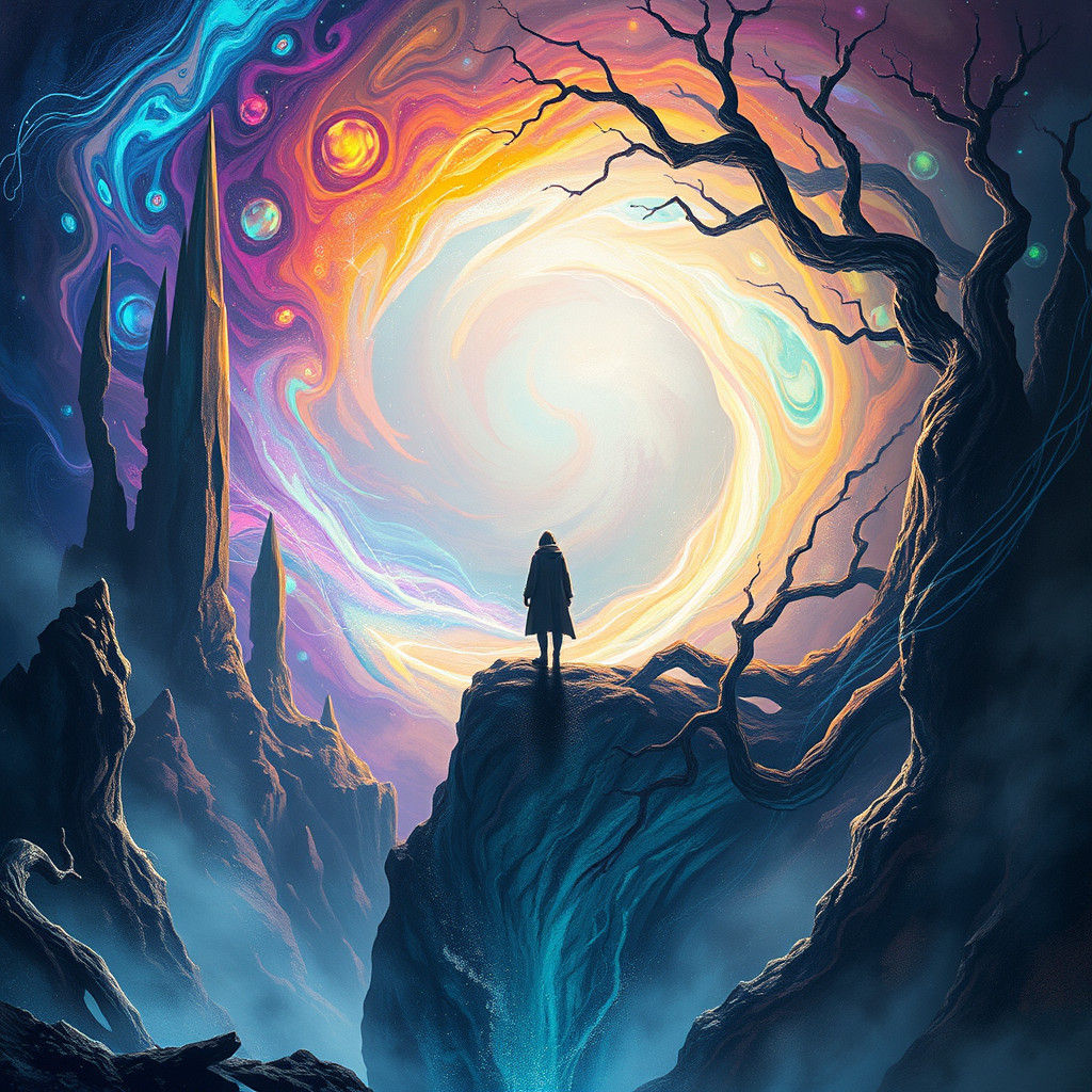 Figure Approaching Iridescent Portal to Another World