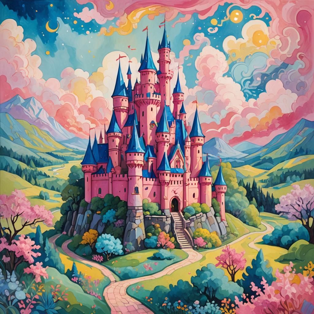 Whimsical Castle and Dragon in Gouache Style