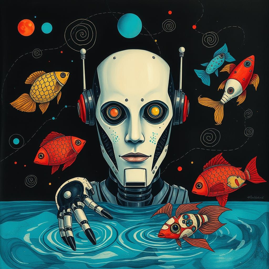 Robotic Face in Pool: Surreal Abstract Art