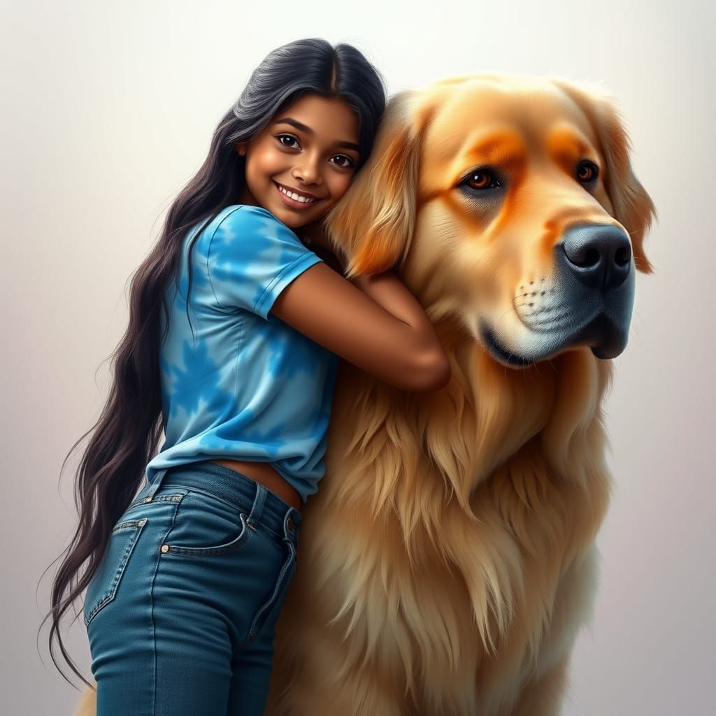 Glowing Girl and Towering Dog in Vibrant Fantasy Landscape