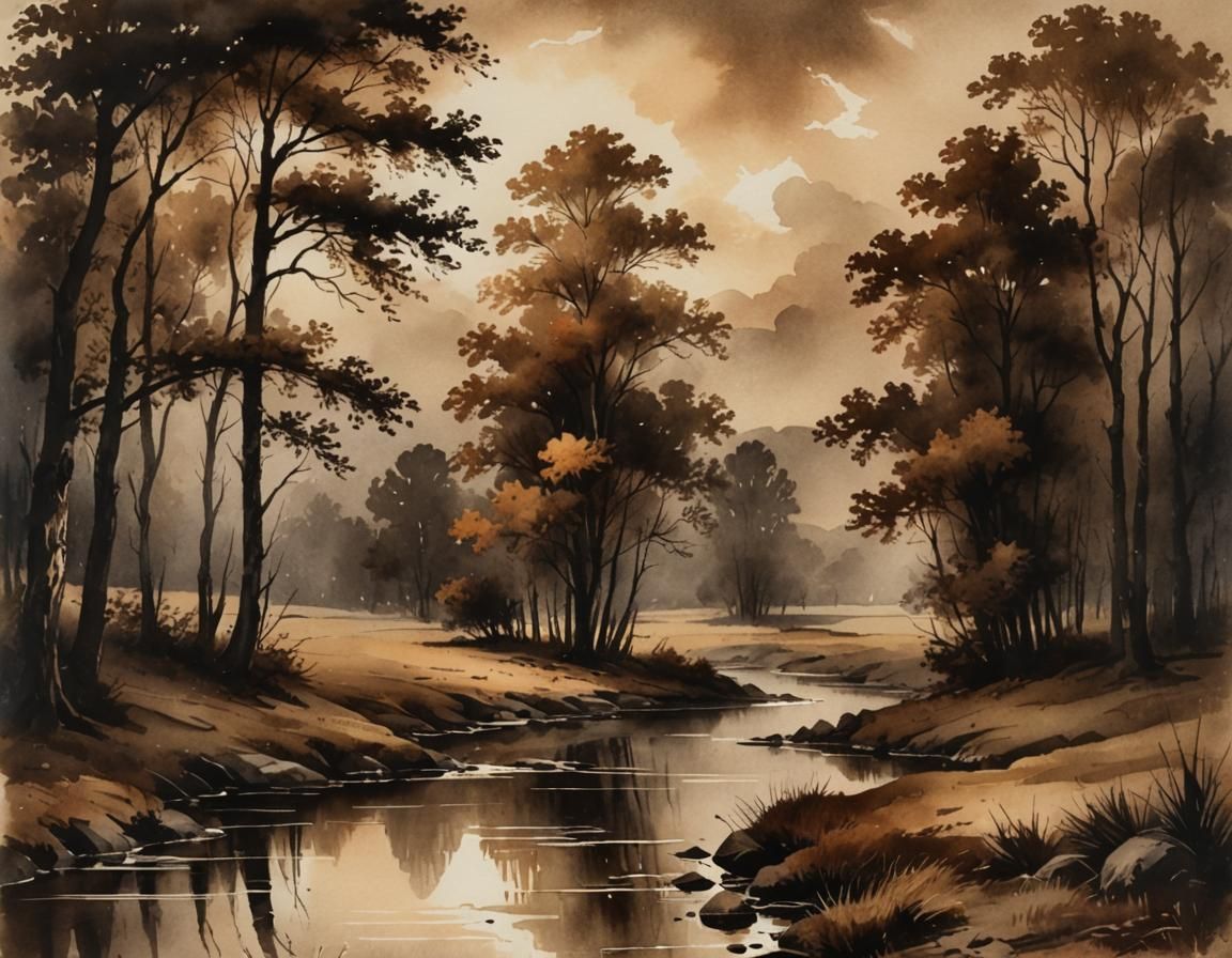 Vintage Watercolor Landscape in Dark Moody Brown Tones