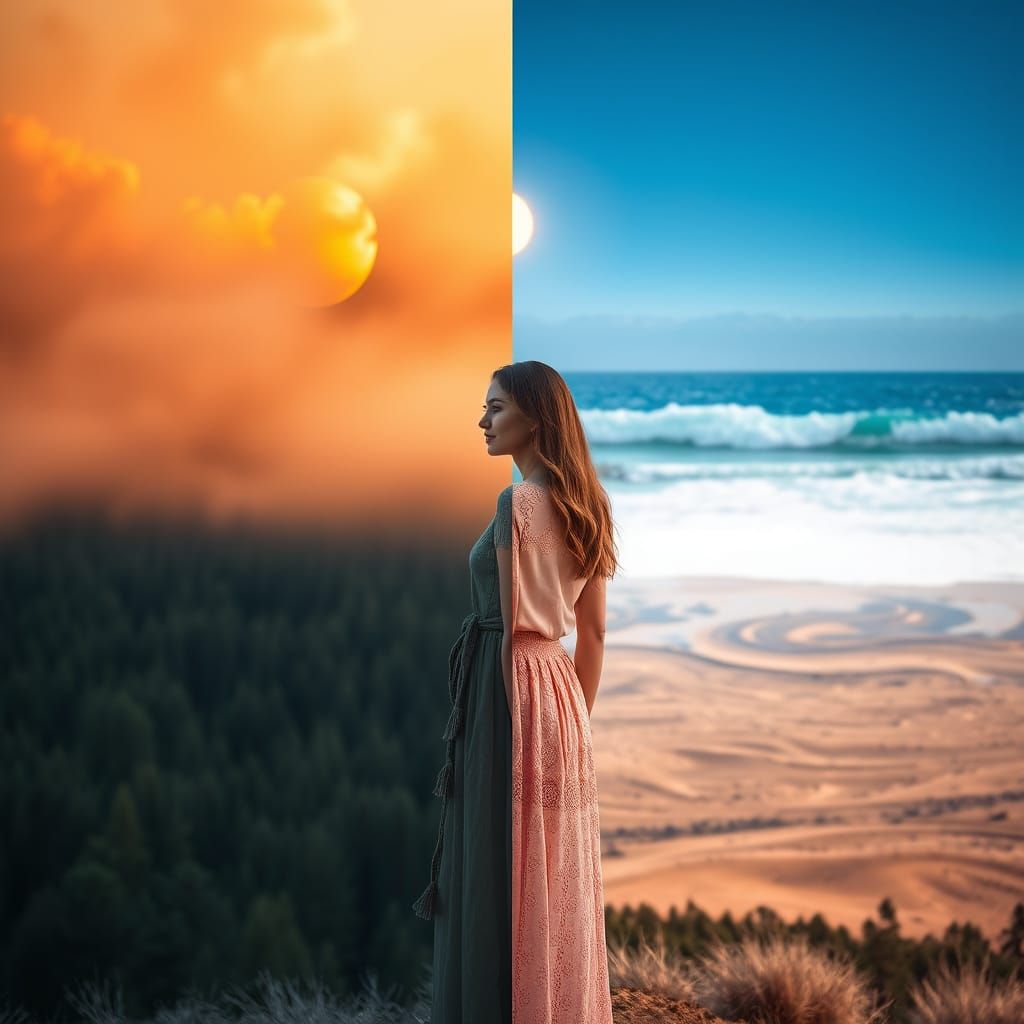 Nature's Opposites: Woman in Divided Quadrant Landscape