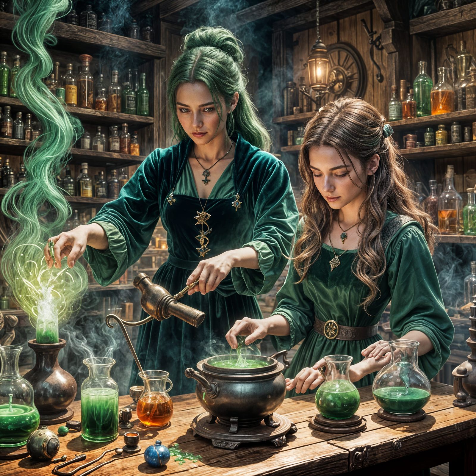 Sorceress and Student Amidst Magical Potions