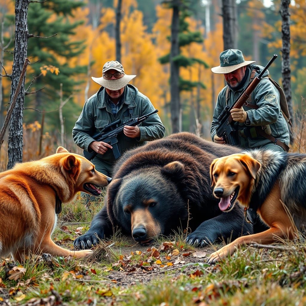 Realistic Bear Hunting Scene with Dogs in Vivid Colors