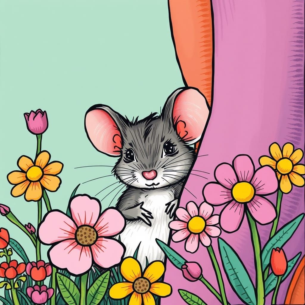 Shy Mouse Hiding in Whimsical Storybook Illustration