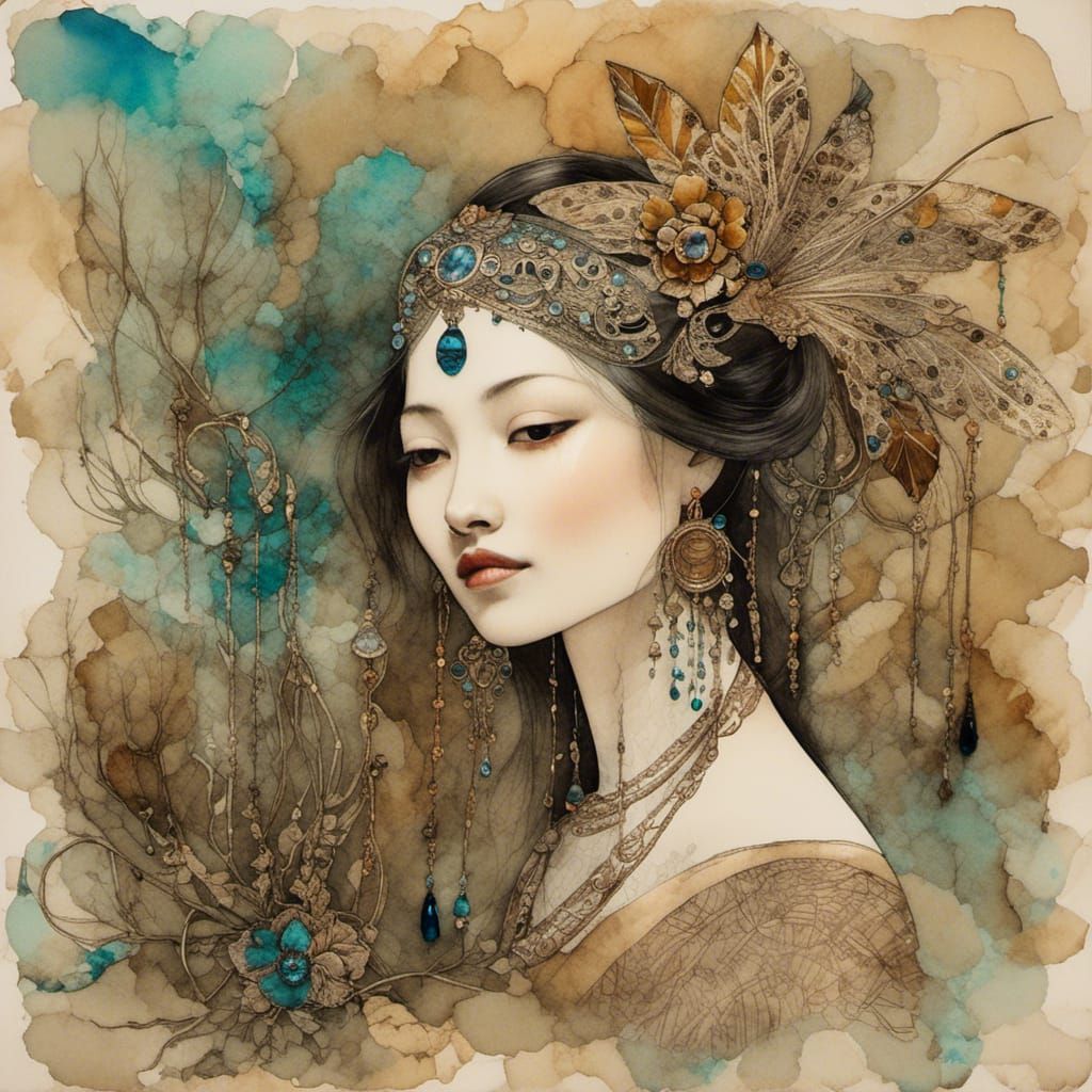 Mongolian Woman by River: Mixed Media Encaustic Painting