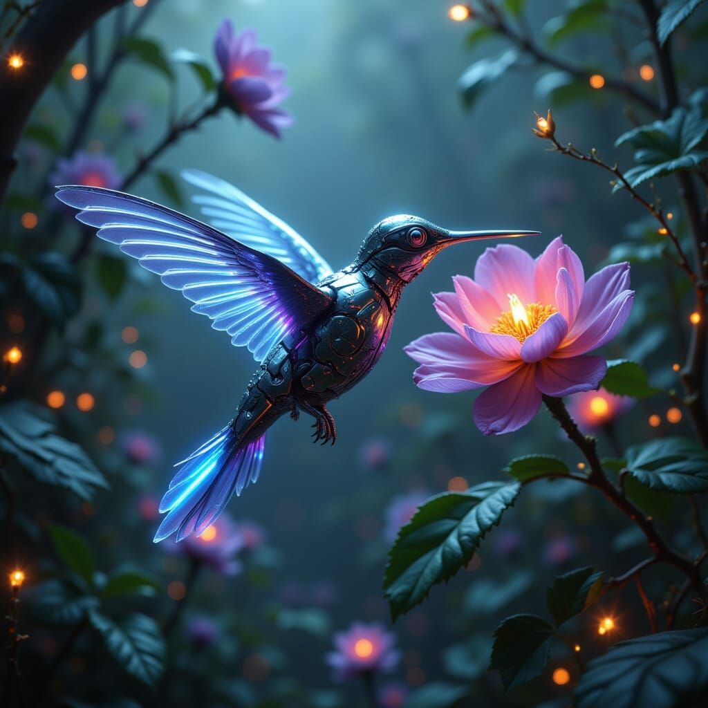 Biomechanical Hummingbird in Cyberpunk Cityscape