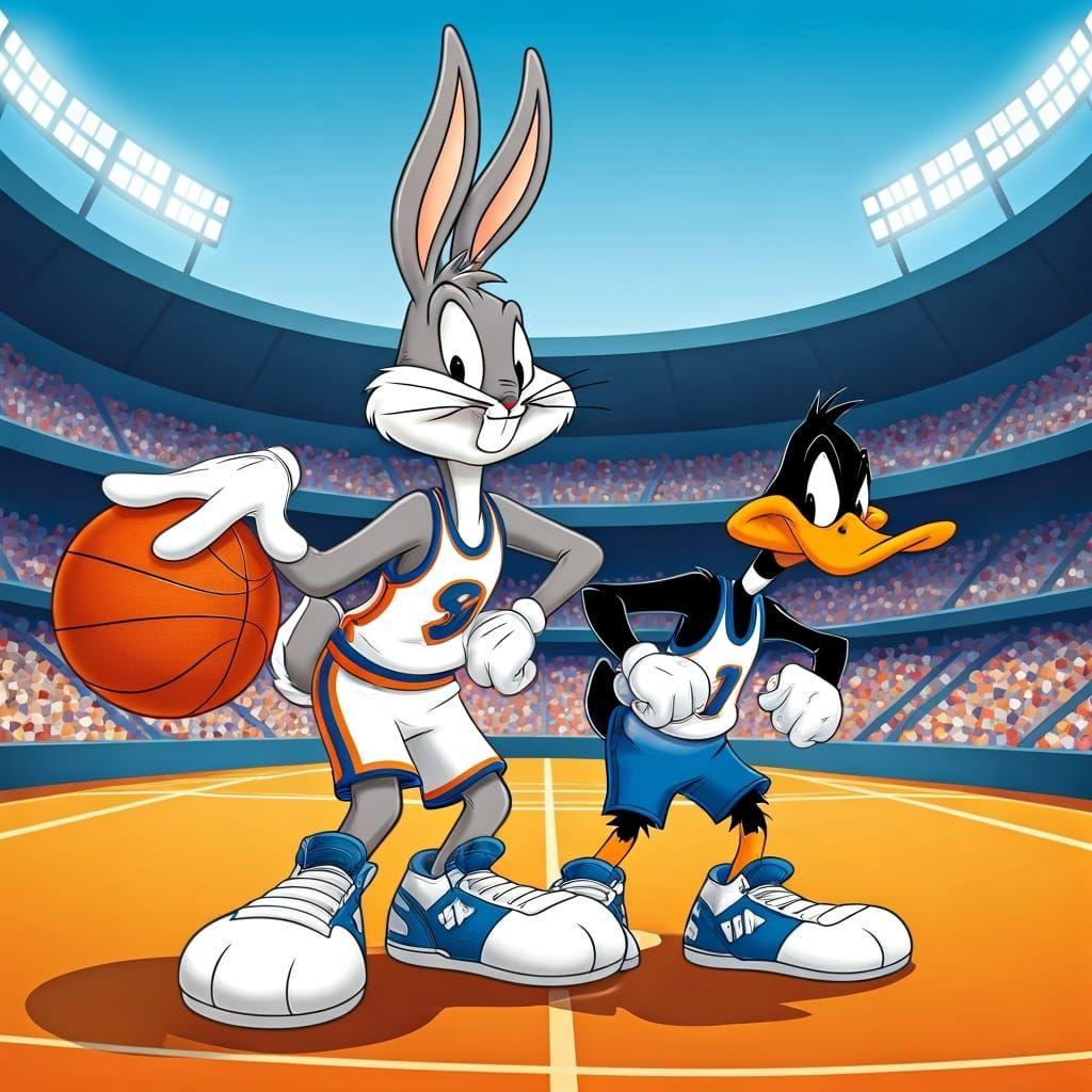 bug bunny & daffy duck playing basketball