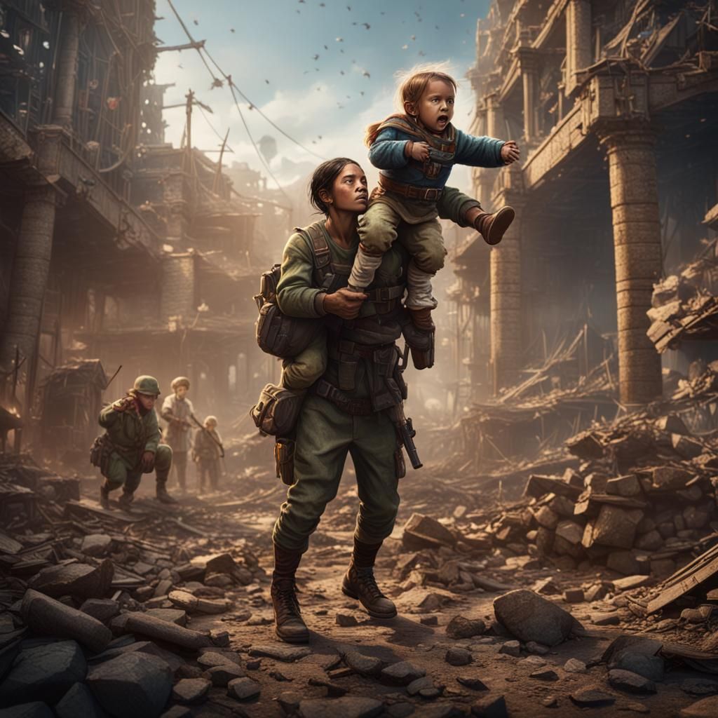 Woman Lifting Child in War-Torn, Detailed Matte Painting