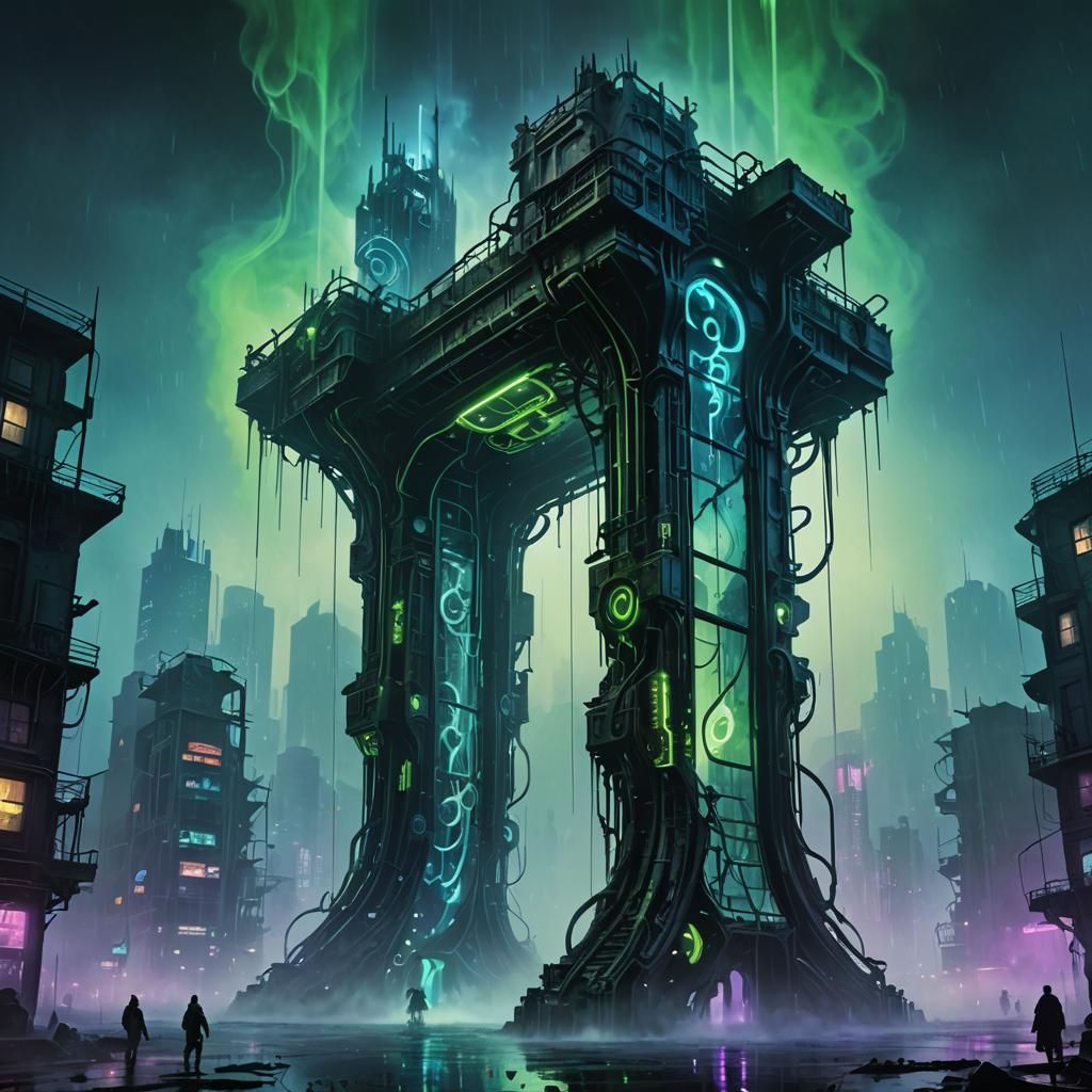 Glass Structure in Fog with Neon Tendrils