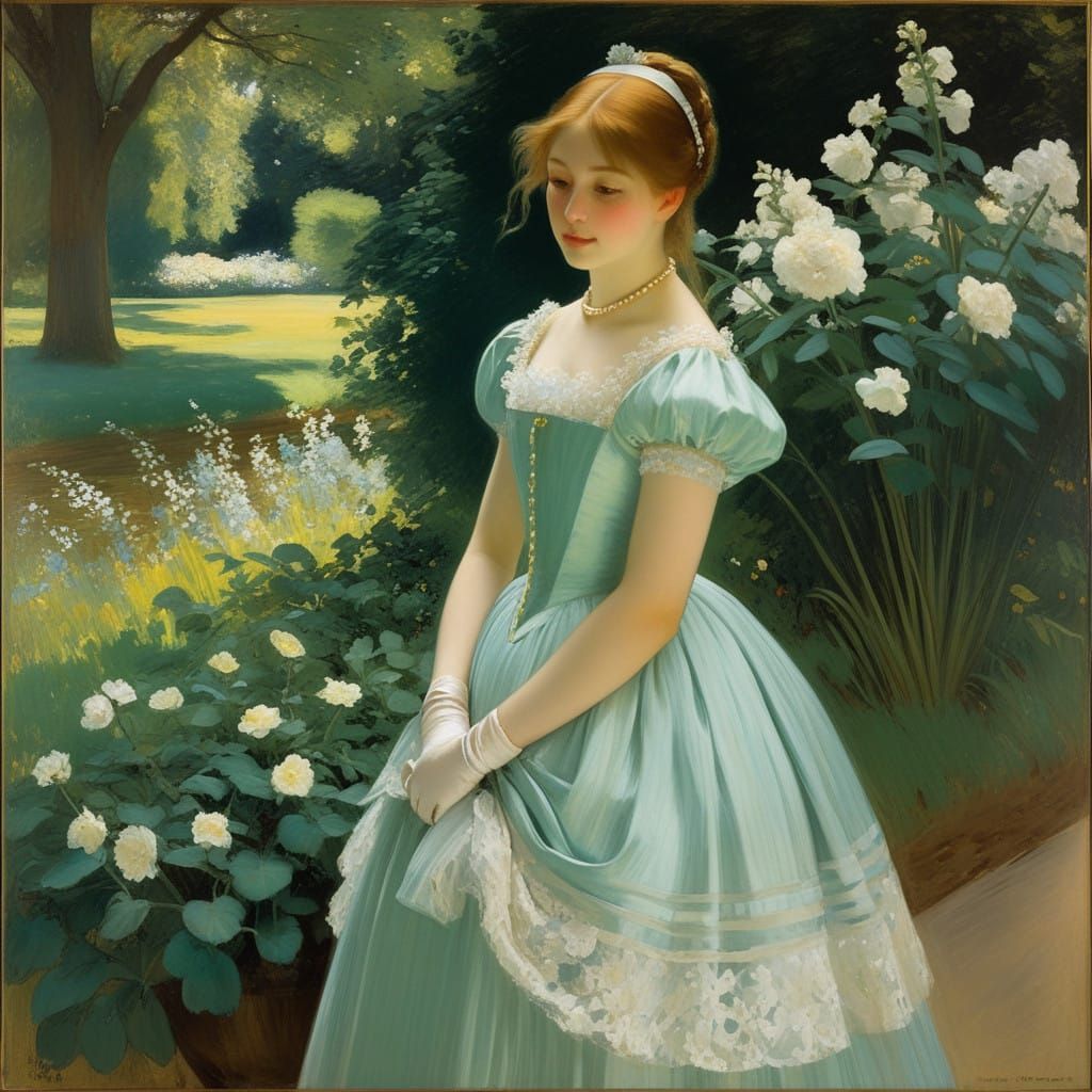 Serene Garden Beauty in Oil Painting Style