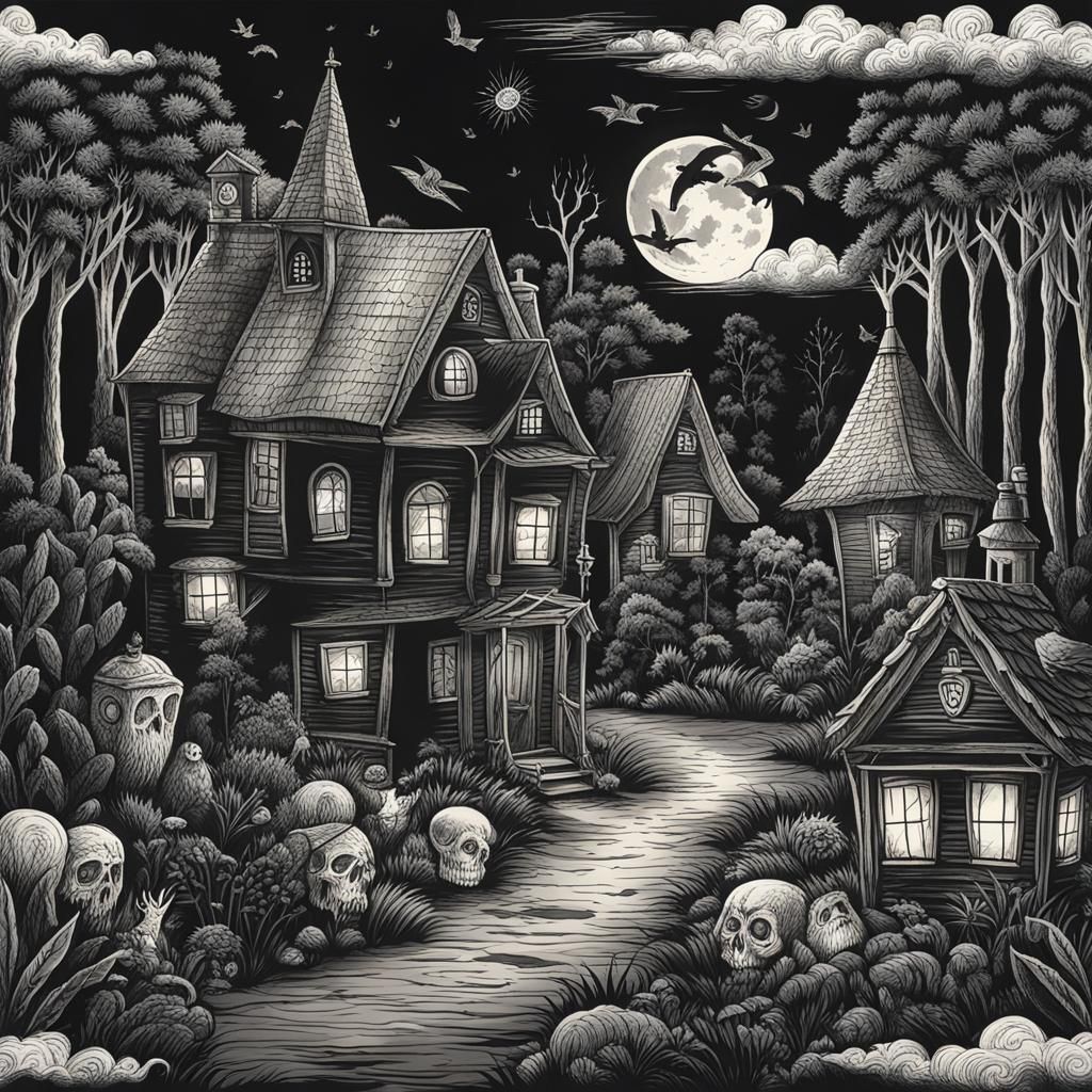 Black and White Spooky Hand-Drawn House