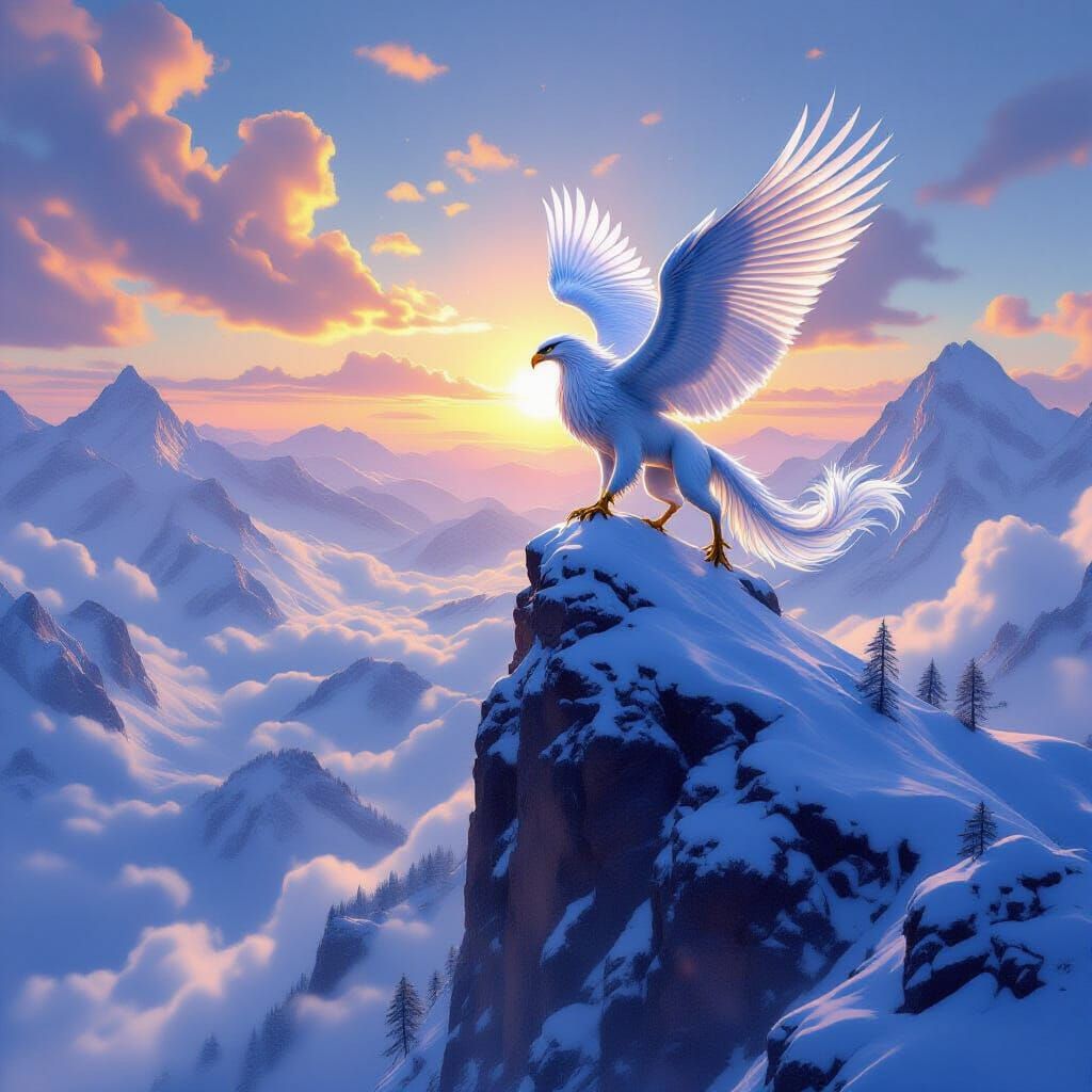 Griffin Takes Flight Over Misty Valley in Fantasy Art Style