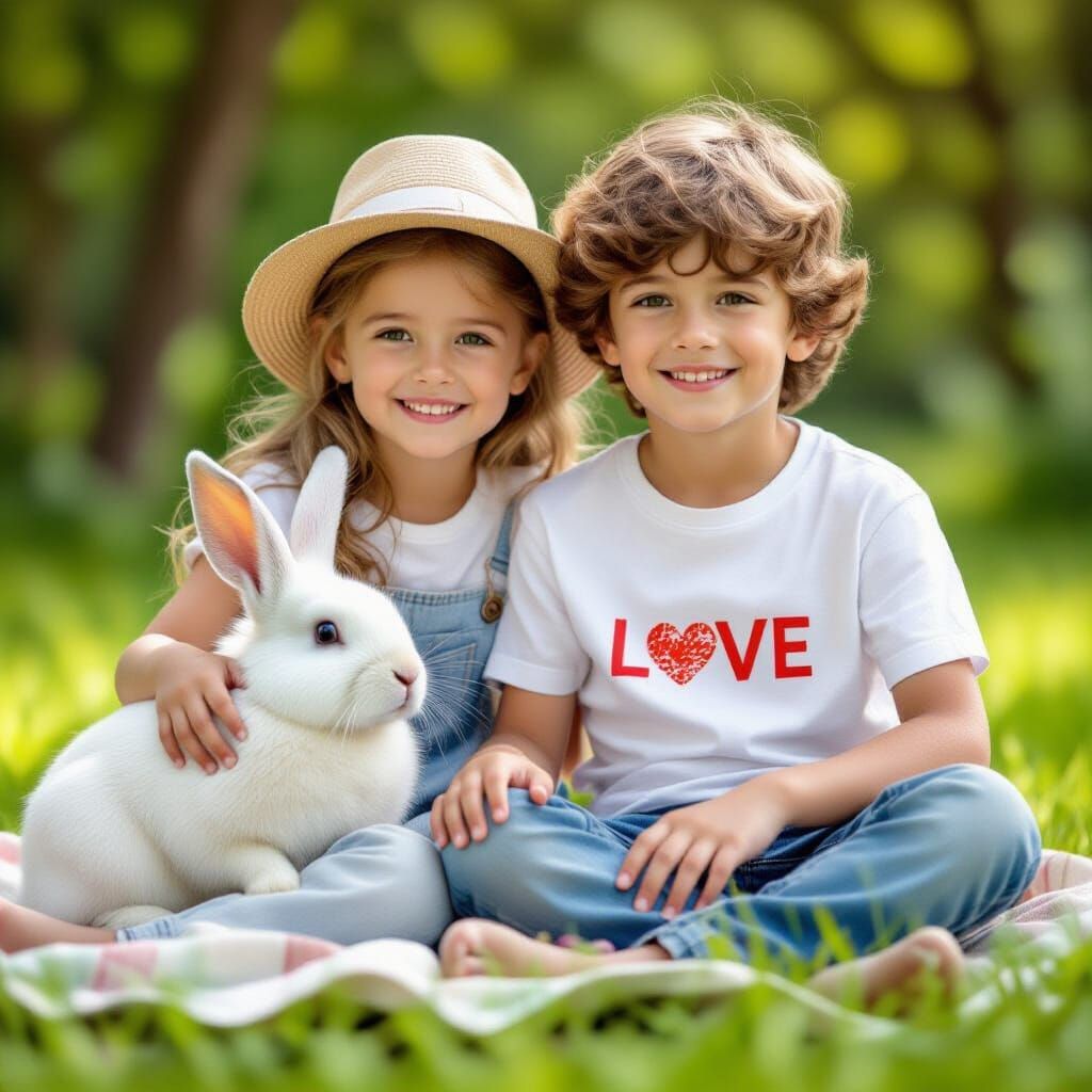 Blonde Boy in LOVE Shirt with White Rabbit on Green Grass