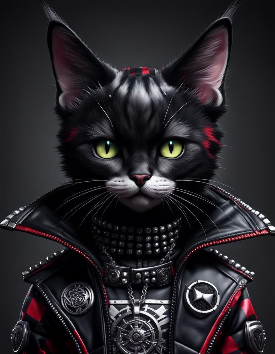Creepy-Cute Punk Rock Cat in Cyberpunk Style